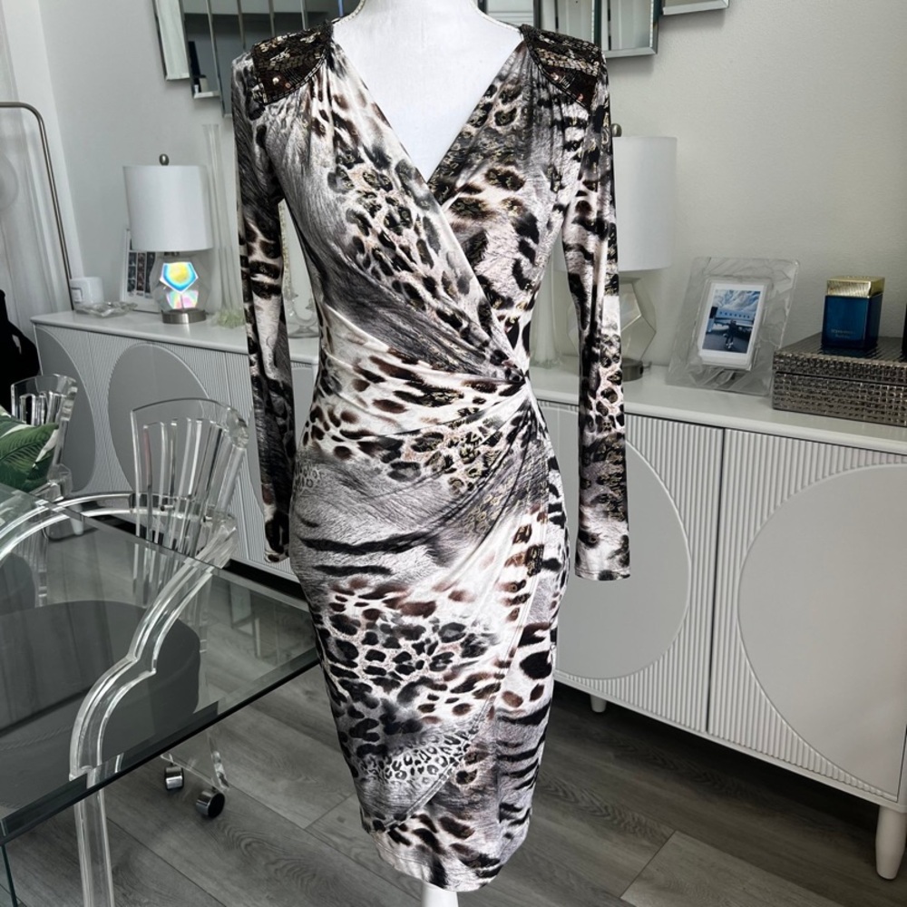 CACHÉ Vintage Beaded Animal Print
Leopard Cheetah Wrap Midi Dress sz S stretchy